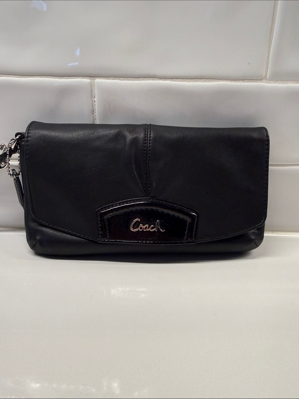 Coach Black Leather Wristlet Clutch with Logo Plaque
